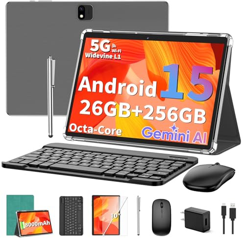 Android Tablet with Keyboard, Android 15 Tablet 10 inch, 26GB+256GB+2TB Expand, 2-in-1 Tablets with 8-Core, 5G WiFi, 8000mAh, BT5.0, GMS, GPS, Gemini AI, Tablets PC with Mouse, Case, Stylus(Green)