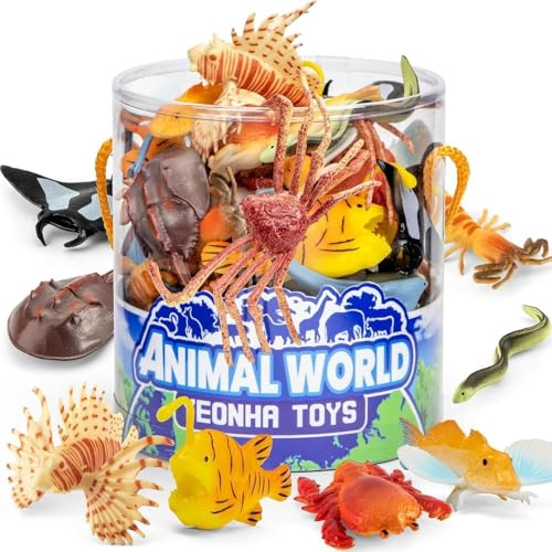 Sea Animals Toys with Gift Box, 48 Piece Mini Vinyl Plastic Ocean Animal Figure, Sea Creatures Themed Sensory Bins, School Project, Birthday Cupcake Topper Party Supplies, Preschool Toys for Kids