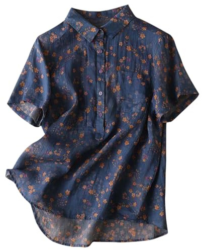 Chemisiers d'été décontractés en coton et lin à manches courtes pour femme - Imprimé floral - Col montant boutonné