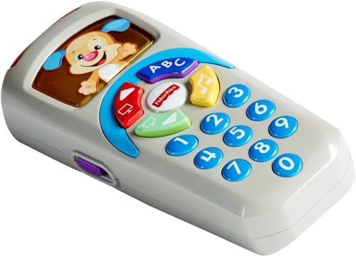 Fisher-Price Laugh and Learn Remote, light-up screen, UK English Version, push buttons and 35+ sing-along songs, tunes & phrases, Baby learning toy, early development, English version DLD30
