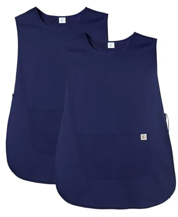 JONATHAN UNIFORM 2 Pack Tablier de Cuisine Femme 2 Poches, Blouse Medicale Sans Manches Pharmacie, Blouse Femme de Ménage pour Nettoyage Ecole Peintre (Navy Long, L)