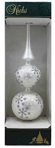 Krebs Glas Lauscha Christbaumspitze Silber matt mit Schneeflocken-Dekor ca. 34 cm, mundgeblasener Baumschmuck, Baumspitze