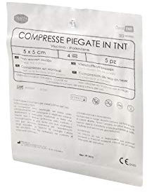 DEALFA Compresse TNT Piegate Sterili - 5x5 cm - 4 Strati - Morbide, altamente Assorbenti e Resistenti - Monouso - Busta Singola da 5 Pezzi. Confezione da 35 Buste