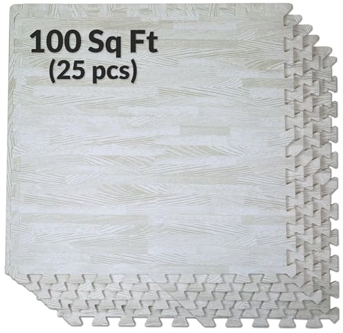 Home Aesthetics 100 Sq. Ft 3/8 Inch Thick Printed Foam Tiles Interlocking Foam Mat, 24 x 24, 25 pcs, White Wood Grain Style Protective Flooring, for Home, Exercise or Trade Show