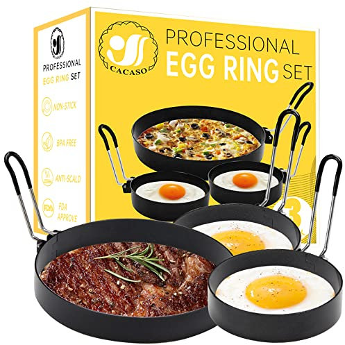 Professional Pancake Mold - Stainless Steel Non Stick Round Egg Ring Mold for Fried Eggs, Pancakes, Sandwiches (Round-1-Large, 2-Small)