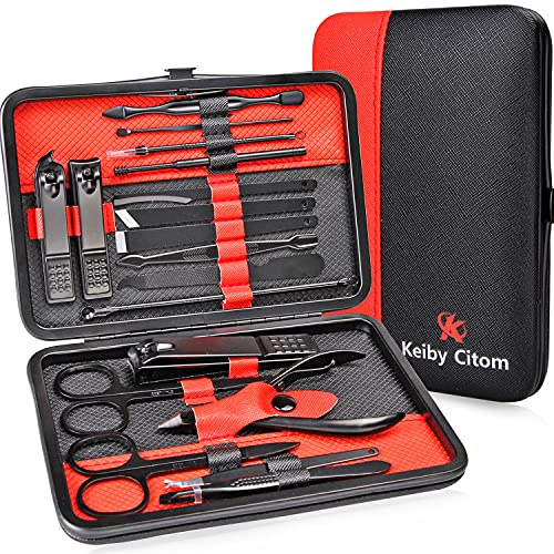 Keiby Citom Tagliaunghie Set Professionale - Grooming Kit Strumenti per Manicure e Pedicure 18 pcs con Bella Box (Nero Rosso)