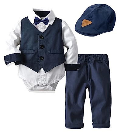 Volunboy Trajes para Bebé Niños de Boda, Bautizo Conjunto de Chaleco, Camisa, Pantalón, Pajarita(12-18 Meses,Azul Marino,Tamaño 80)