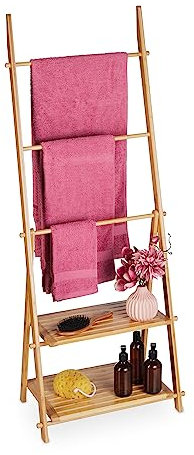 Relaxdays Handtuchleiter Bambus, 3 Stangen, 2 Ablagen, HBT: 134 x 53 x 31,5 cm, klappbar, Standhandtuchhalter Bad, Natur