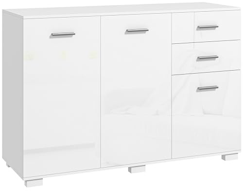 HOMCOM Sideboard, Modern Storage Cabinet with 2 Drawers, 3 Doors and Adjustable Shelves, Kitchen Cabinet for Living Room, Dining Room, High Gloss White