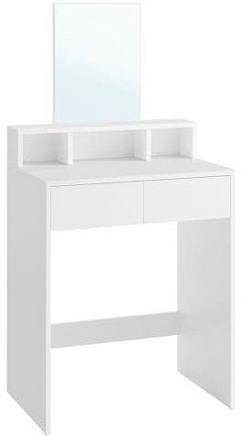 VASAGLE KAILYN Colección - Tocador, Mesa de Maquillaje con Espejo Grande, Gabinete con 2 Cajones y 3 Compartimentos, Estilo Moderno, Blanco RDT103W01