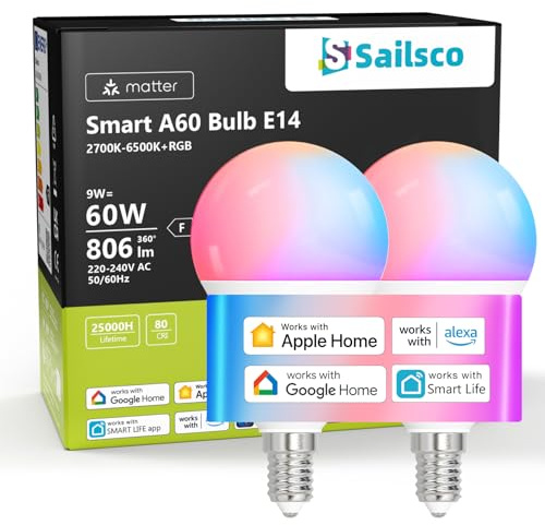 sailsco Matter Lampadina WiFi E14 Intelligente LED Smart,Compatibile con Alexa, Google Home,Smart Life, 9W(Equivalenti a 60W), Dimmerabile RGB+2700K-6500K Lampadine Multicolore A60, Pacco da 2