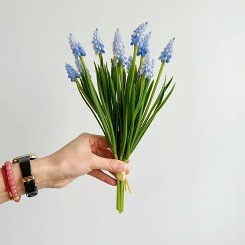 BREEZYHUE 1 bunt 6 st liten konstgjord blombukett gelatin druvhyacinter vacker lila hyacint brud bröllop bukett blomsterarrangemang – blå hyacint