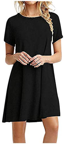 Women's Round Neck Summer Dress - Short Sleeve Mini T-Shirt Dress, Loose Casual Plain Blouse, Breathable Tunic, Black