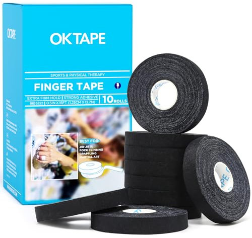 OK TAPE Finger Tape Weiß Extra Starke Haftung, 1,25cm x 13,7m, 10 Rollen Athletik-Tape für Finger, Jiu Jitsu, Bouldern, Klettern, BJJ, Rudern, Basketball, Klettern & Golf,Schwarz