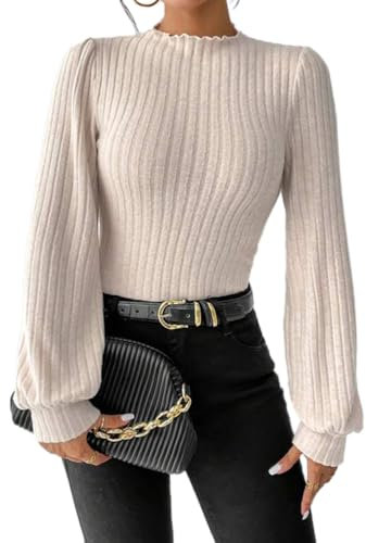 ticticlily Bodys für Damen Strick Body Sexy Elegant Casual Bodysuit Bodycon Jumpsuit Eng Body Langarm Rundhals Einteiler Overall Oberteile Tops Rippstrick Langarmshirt B Aprikose M