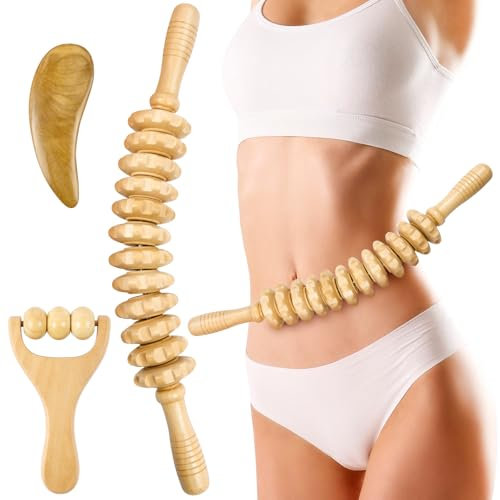 ACWOO Wooden Massage Roller Tools, 3PCS Anti Cellulite Massage Roller Massager Tool Set, Gua Sha Massage Tool, Manual Wood Therapy Massage Tools Massager Roller for Relaxes Leg, Arms, Back Neck Muscle