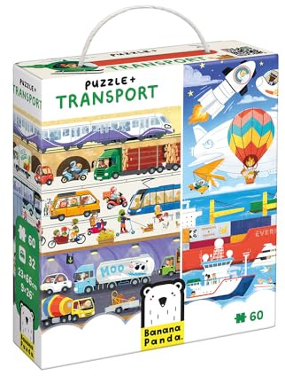 Banana Panda Puzzle Transport | 60-Piece Educational Puzzle Set with 32 Matching Tiles & Poster | Vehicle Learning Game for Preschool Kids Age 4+ | Explore Land, Water & Air Transport