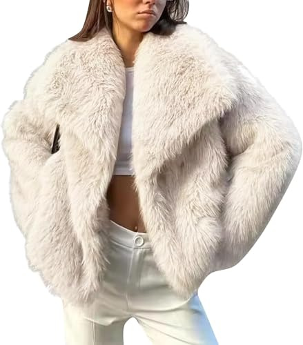Suncadmious Inverno delle Donne Soffice Cappotto Corto Peloso Risvolto Breve Ufficio Cappotto Peloso Manica Lunga Tasca Soffice Cappotto Caldo con Matrimonio Cappotto Peloso (Mandorla,S)