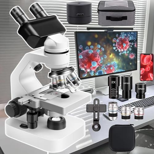 menglanchang Binokularmikroskop, 40x-2000/5000x Labor-Binokular-Verbund-Led-Mikroskop Mit Elektronischem Okular/Telefonadapter/360°-Drehung, FüR Lern-/ExperimentiervorgäNge,2000x