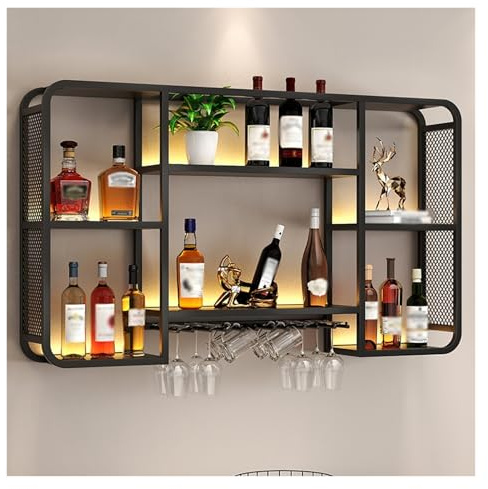 QHLMLL Väggmonterad med LED-ljus med vinglashållare, flytande vägg vinhyllor, metall vinhylla barhyllor, vinflaskhållare för hemmabar, vinkök förvaring (svart, 150 x 20 x 70 cm)