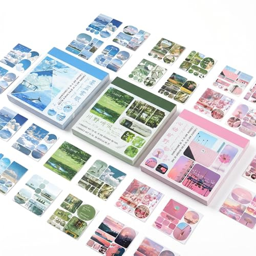 Journaling Zubehör 3 Bücher, 120 Stück INS Style Landschaft Washi Sticker, 3 Farben (Blau, Grün, Rosa) Für Scrapbooking, Bullet Journal Und Tagebuch Dekoration