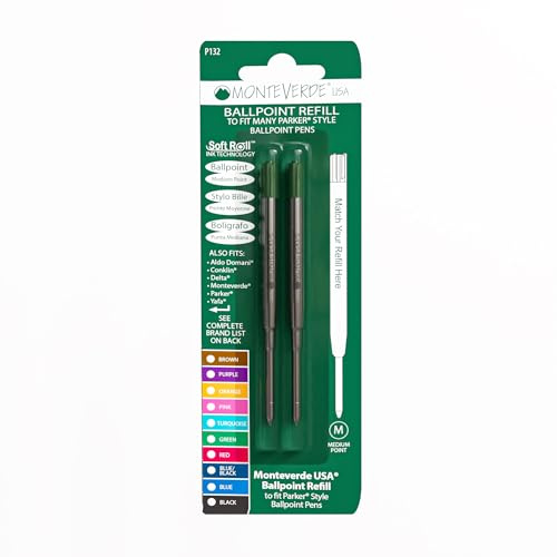 Monteverde Recharges pour Stylo à bille Pointe moyenne, rouleau souple compatible Stylos Parker - Vert (Lot de 2)