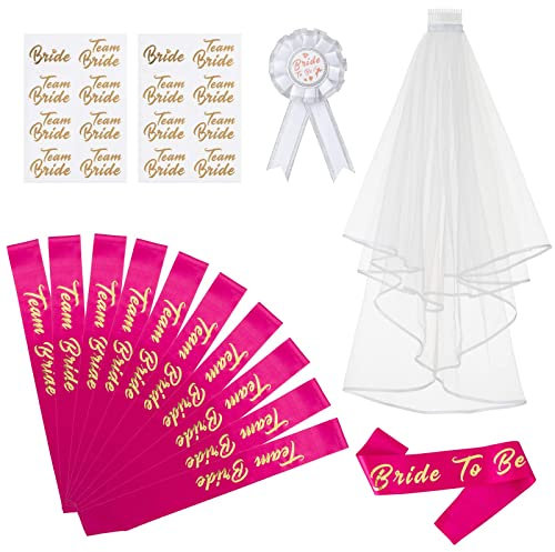 Naler 15-teilig JGA Deko Accessoires Pink Schärpen Junggesellinnenabschied Team Braut Gruppenset mit Schleier Bottons Temporäre Tattoos für Hen Party