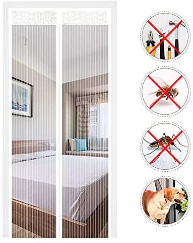 Magnetic Screen Door, Polyester Magnetic Door Fly Screen Curtain Magic Paste Curtains Super Quiet Stripes Encryption for Anti Mosquito or Anti Pest Magnetic Soft Door (White, 90 x 210 cm)