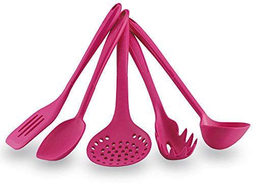 Kochblume Starter-Set - Flexwender & Soßenlöffel L & Schaumlöffel & Pastalöffel & Schöpfkelle L 5er Set | Premium-Silikon | Hitzbeständig | Spülmaschinenfest | Farbe: pink