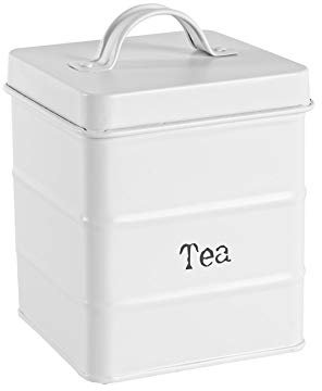 Harbour Housewares Metal Tea Canister - White - Pack of 1 - Vintage Metal Kitchen Storage Loose Tea Caddy Preserve Food Tin Bin Container Jars Airtight Lid