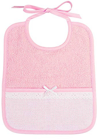 Filet - Rechteckiges Lätzchen aus weichem Baumwoll-Frottee, mit Tasche aus Aida-Stoff zum Sticken und Details aus Spitze, Farbe Rosa