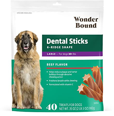 Amazon Brand - Wonder Bound Beef Flavor Dental Sticks for Large Dogs (Over 30 lbs), 6-Ridge Shape for Plaque & Tartar Control, Freshens Breath, Formulated with Vitamin C, 40 Count (Pack of 1)