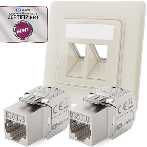 hb-digital 2-port CAT 8 nätverksuttag infälld RAL9010 2X GHMT-certifierad CAT 8 Keystone RJ45-modul LAN ethernet keystone uttag inbyggt uttag max. 40 Gbit/s STP – vit
