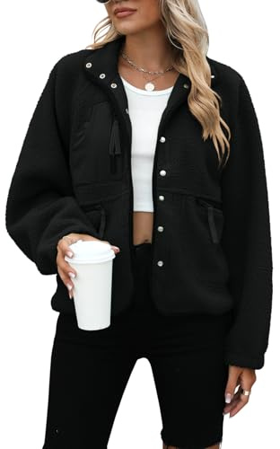 Yanekop Womens Fleece Jacket Fuzzy Long Sleeve Short Winter Coats Button Down Sherpa Jacket Outerwear with Pockets(A Black,S)
