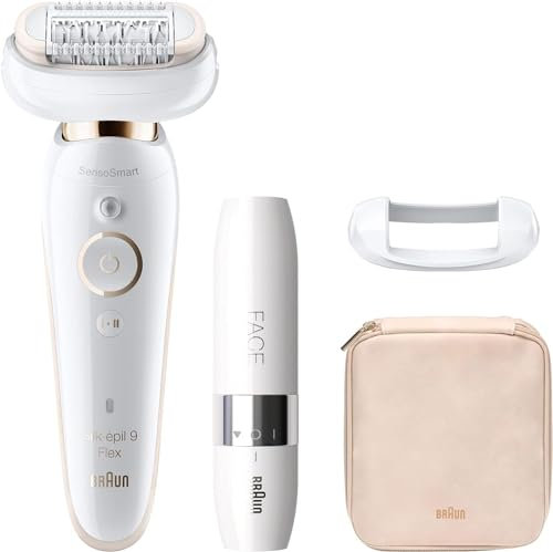 Braun Silk-épil 9 Flex, Epilierer Damen / Haarentferner mit flexiblem Kopf, inkl. Gesichtshaarentferner, kabellose Epilation, breiter Kopf mit 40 Pinzetten, 9-005, weiß/gold