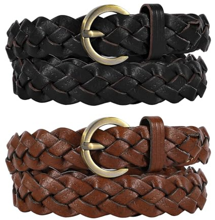 JASGOOD 2 Pack Women's Braided Leather Belts Casual Skinny Woven Belt for Jean Pant,Brown+Black
