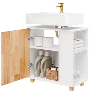 SoBuy Mobile Bagno Sottolavabo – Mobiletto Bagno Salvaspazio con Sifone a Vista Coperto, 2 Ante & 2 Ripiani Aperti Mobile Sotto Lavabo 60x60x29cm BZR75-W