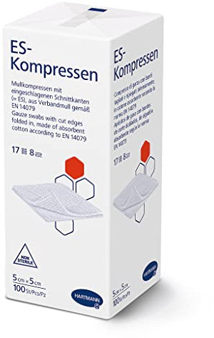 ES-KOMPRESSEN: Compresse di garza non sterili per la pulizia delle ferite e per l'applicazione di unguenti, 5 x 5 cm, 8 volte, 17 fili, 100 pezzi