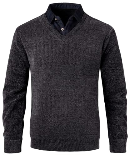 OlyljpinZ Hommes Pull-Over Faux col Manche Longue Chenille Pull en Maille Doublé en Polaire Pullover de Chemise Sweaters Casual Pull en Tricot avec Col en V Hiver Pullover