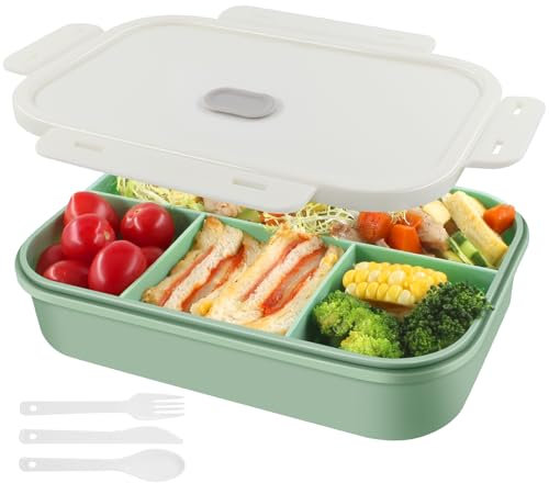 HUAERSICO Lunchbox 1400ml - Brotdose mit 4 Fächern - Brotdosen Auslaufsicher mit Dichtring, Bento Box - BPA-frei, für Erwachsene & Kinder (Grün)