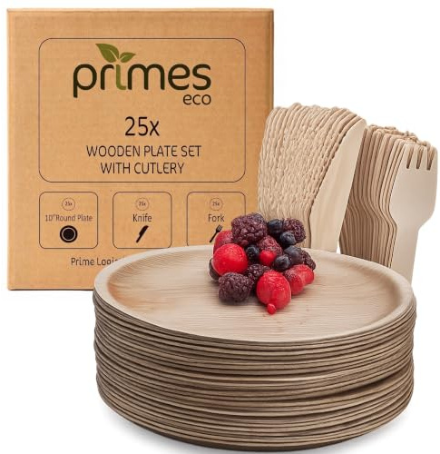 75 Pcs Disposable Palm Leaf Plates and Wooden Cutlery Set, 25x 10 inch Large Round Plates, 25x Forks, 25x Knives, Eco Friendly Biodegradable, Heavy Duty Tableware for Offices, Parties