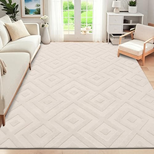 SHACOS Tvättbar matta vardagsrum kort lugg, mjuk matta modern vardagsrumsmatta geometri med 3D-effekt, halkfria mattor för sovrum, matsal, beige, 200 x 290 cm