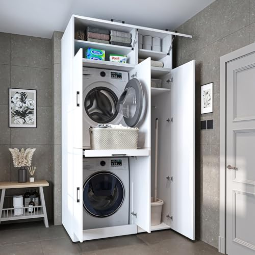 ROOMART Dora - Armario de lavadora y secadora, con puertas y panel deslizante, 4 colores (color blanco, roble blanco, roble antracita y roble) Blanco, 230 cm de alto