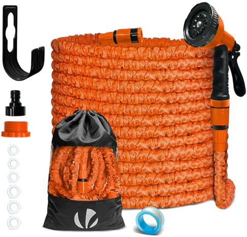 VOUNOT® Manguera Extensible 30m, Manguera Flexible Jardín con Pistola Rociadora de 10 Funciones, Conectores de 1/2 y 3/4 Pulgadas Bolsa de Almacenamiento, Naranja