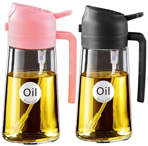 YARRAMATE 2Pcs 2-in-1 Olive Oil Sprayer Glass Bottle Dispenser, 16oz/470ml Capacity, Premium Nozzle for Cooking, Pour and Spray, Kitchen, Air Fryer, BBQ (Black Pink)