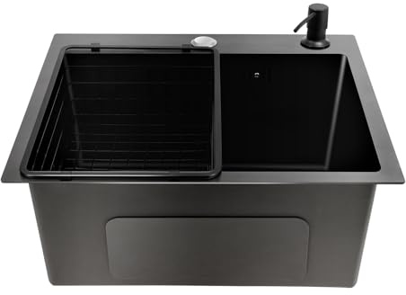 JJsdwin SpüLbecken Schwarz, SpüLe mit Armatur Set, Waschbecken Küche, KüChenspüLe Edelstahl für Familie und Esszimmer, Einbauspüle, 45 x 40 x 20 cm