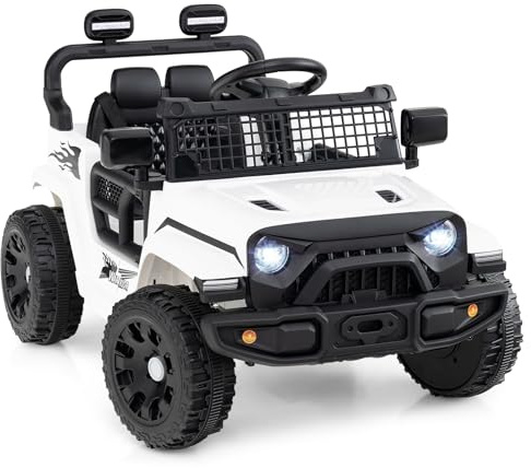 COSTWAY 12V Kids Ride on Car, 2 Motors Electric Off Road Truck with Remote Control, LED Lights, Music & Horn, Battery Powered Ride on Toy for 3+ Years Old Boys Girls (White)