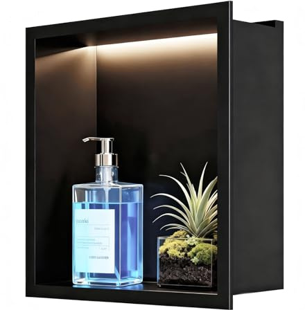sunrik Nicho de Pared LED para Ducha de Acero Inoxidable para iluminación de baño, estantes para iluminación Impermeable y Almacenamiento, Color Negro Mate, 30 x 30 cm, no Requiere Azulejos, Pared