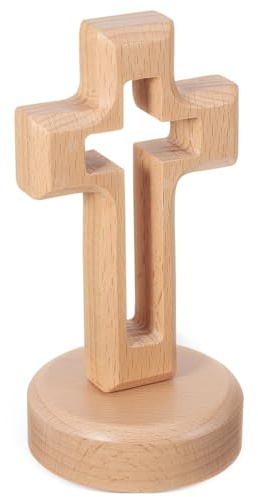 Angoily 14.5cm Small Wooden Cross with Round Stand - Hollowed Out Standing Crucifix - Solid Wood Tabletop Christian Decor for Home Altar Desk Bedroom Display and Easter Prayer Craft Ornament