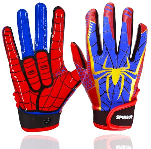 SPIR8UP Youth Football Gloves for Boys Girls with Spider Tacky Grip, Flexible Kids Receiver Football Gloves- Blue Red (Red, Youth Medium/Large)
